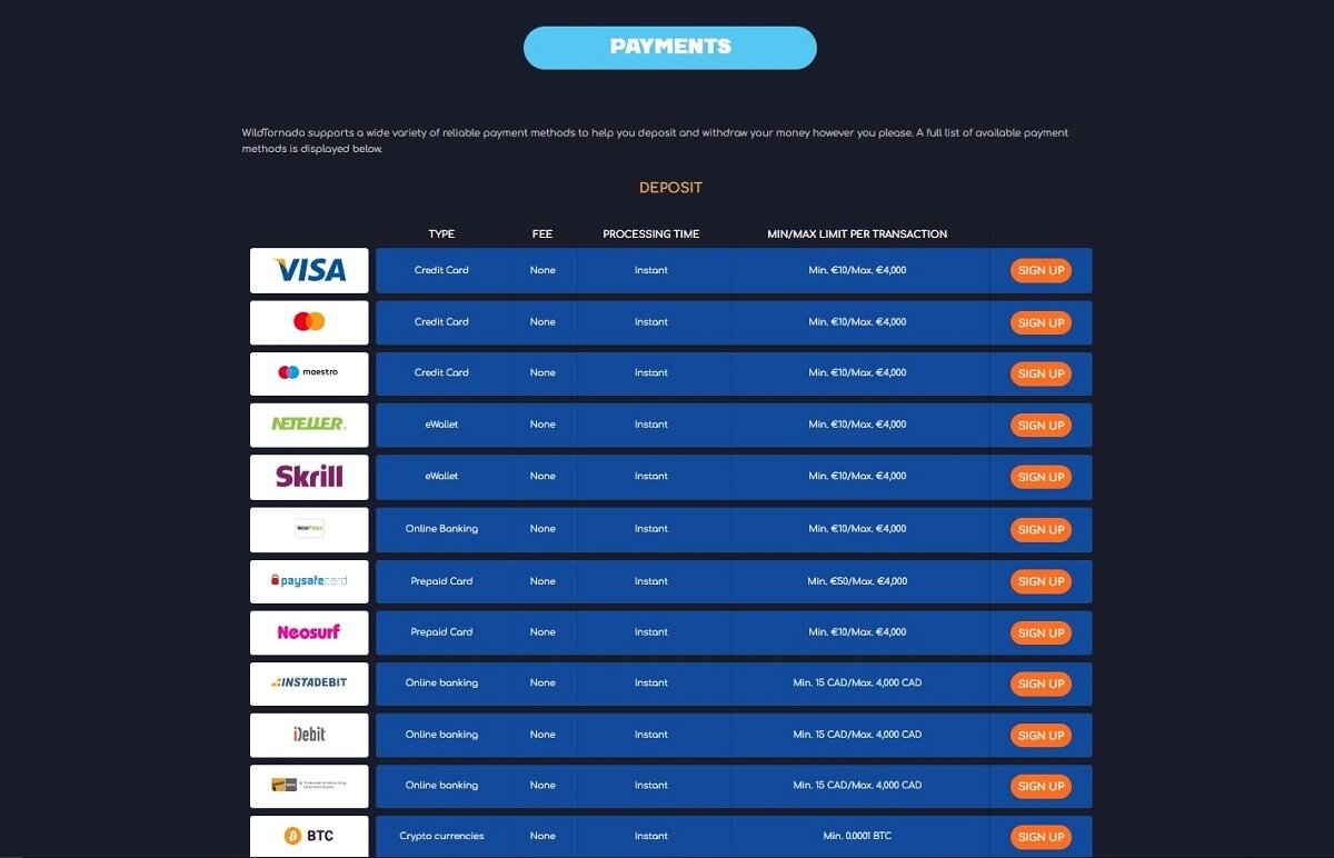 Wild Tornado Deposit options