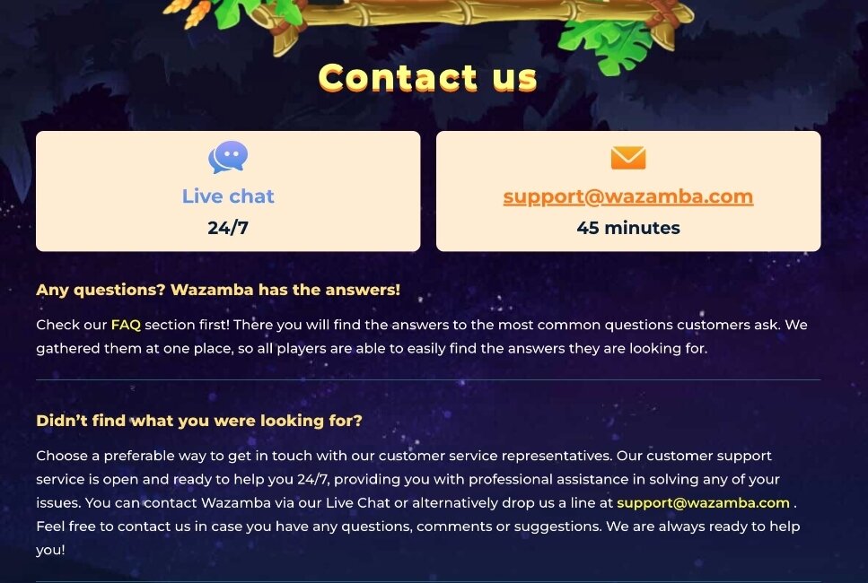 wazamba casino customer support