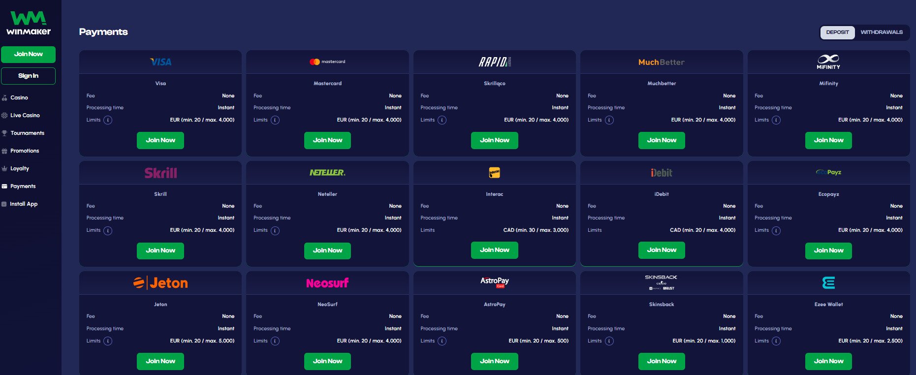 Winmaker Casino Payment Options